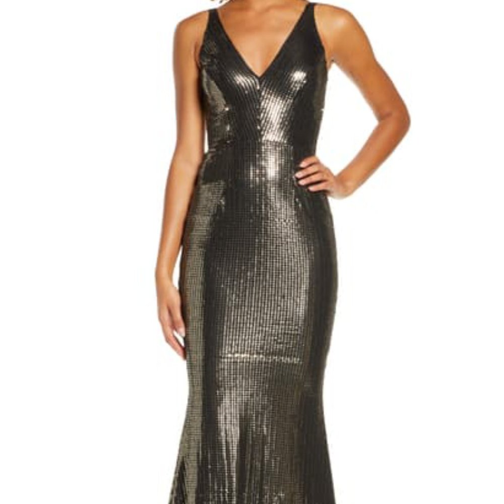 DRESS THE POPULATION "HARPER" SEQUINED MAXI DRESS,BLACK/GOLD, NEW, SZ S, $368